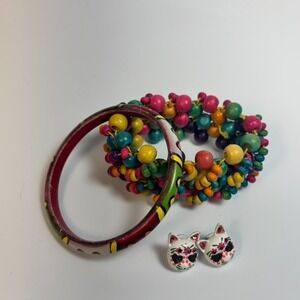 Bracelet‎ Earring Bangle Lot Bold and Colorful Wooden Pieces Dopamine Dressing